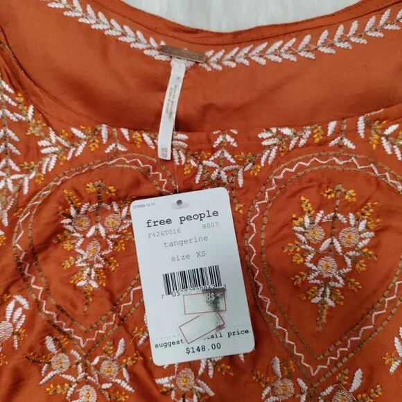 Free People Summer Boho Embroidered Batwing Tangerine Kimono Top Women's XS NWT - Picture 7 of 16